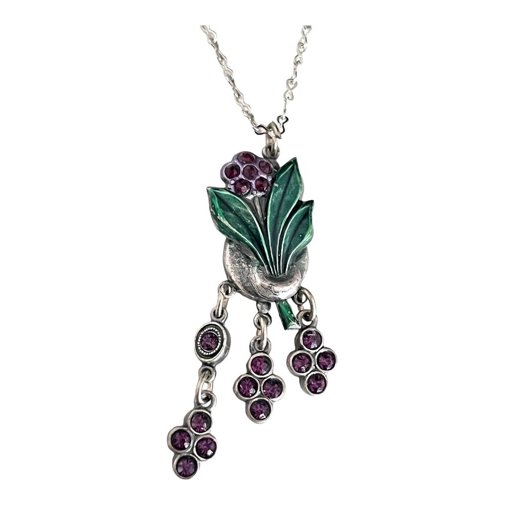 Vintage 1970s Art Nouveau Revival Pendant Necklace Enamel Crystal - 1V